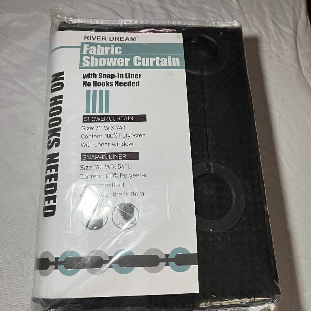River Dream Black Fabric Shower Curtain Set with Snap-In Liner